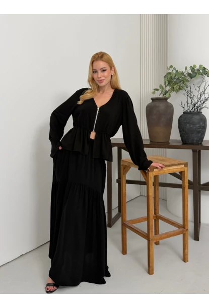 Viskon Kumaş Fermuar Detaylı Alt Üst Takım Siyah