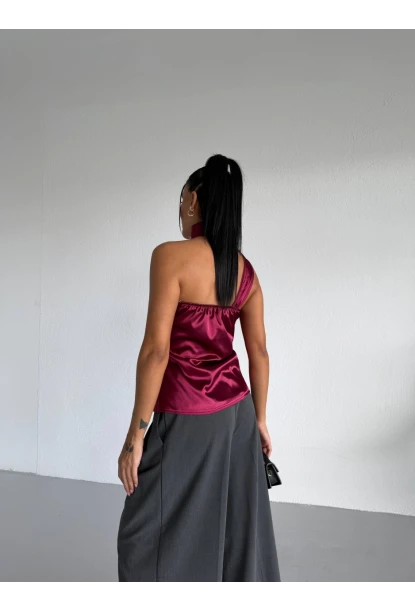 Yaka Detay Saten Bluz Bordo