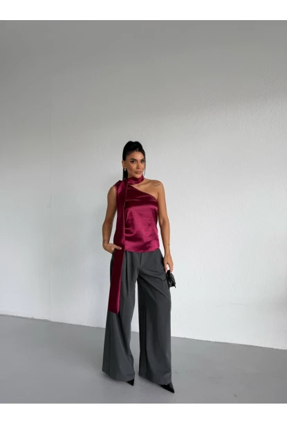 Yaka Detay Saten Bluz Bordo
