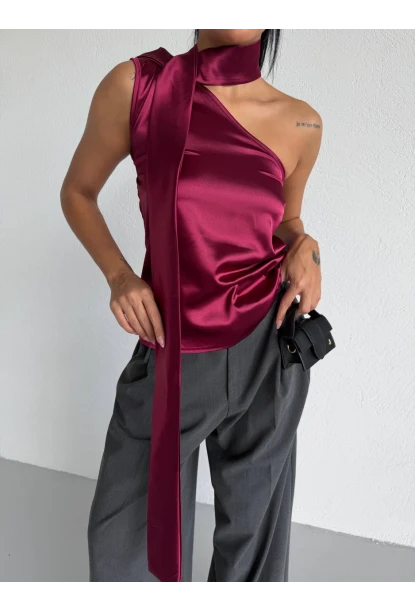 Yaka Detay Saten Bluz Bordo