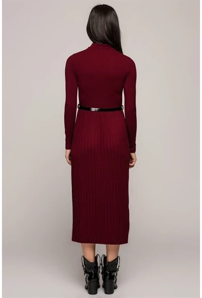 Yarım Balıkçı Bordo Eteği Pliseli Uzun Elbise