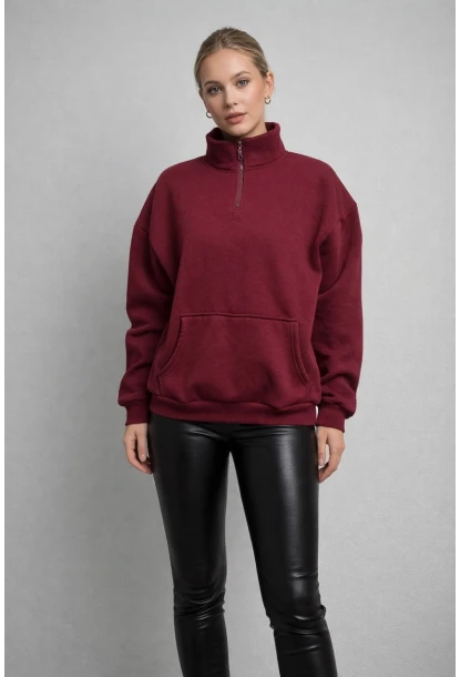 Yarım Fermuarlı 3 İplik Dik Yaka Oversize Sweatshirt