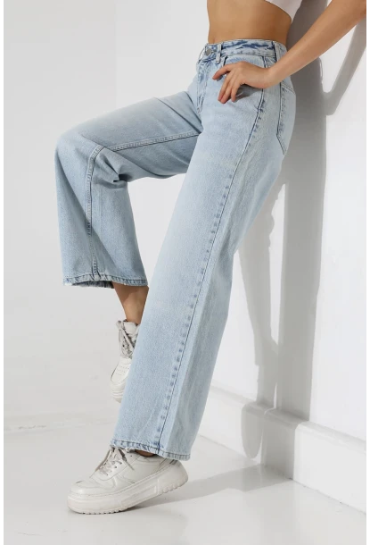 Yüksek Bel Açık Mavi Geniş Paça Jean Pantolon