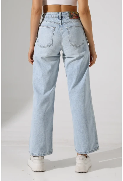 Yüksek Bel Açık Mavi Geniş Paça Jean Pantolon