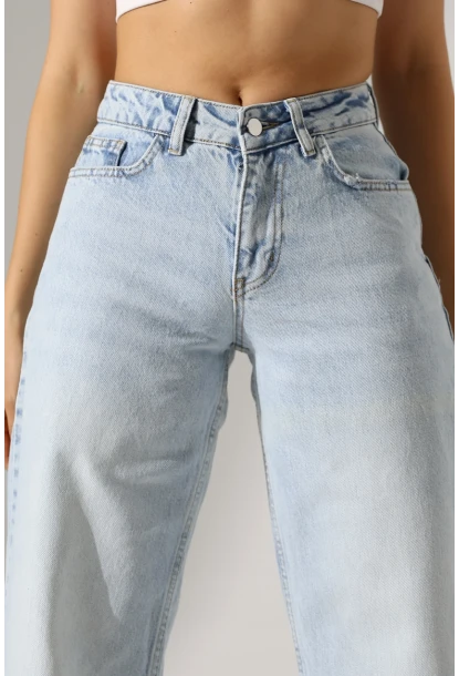 Yüksek Bel Açık Mavi Geniş Paça Jean Pantolon