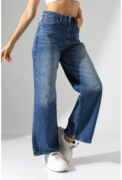 Yüksek Bel Bol Paça Denim Jean