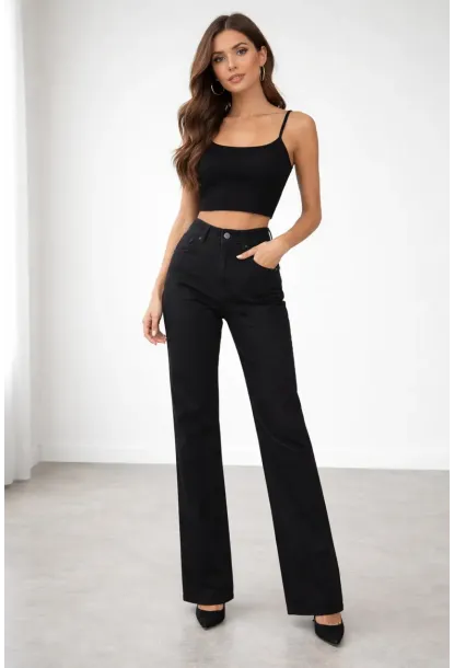 Yüksek Bel Çan Paça Siyah Jean