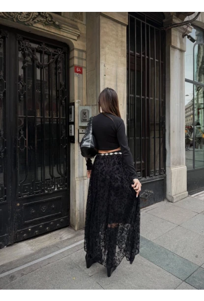 Yüksek Bel Dantel Detaylı Maxi Boy Etek