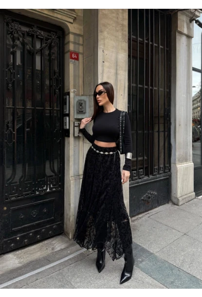 Yüksek Bel Dantel Detaylı Maxi Boy Etek