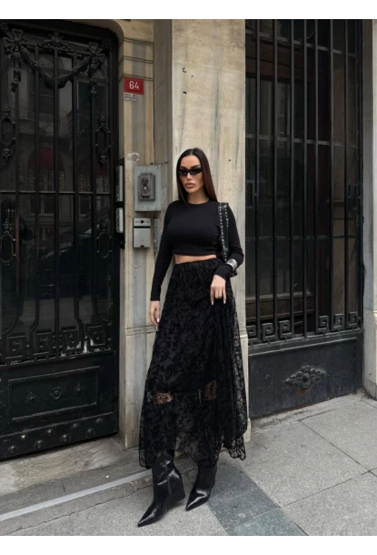 Yüksek Bel Dantel Detaylı Maxi Boy Etek