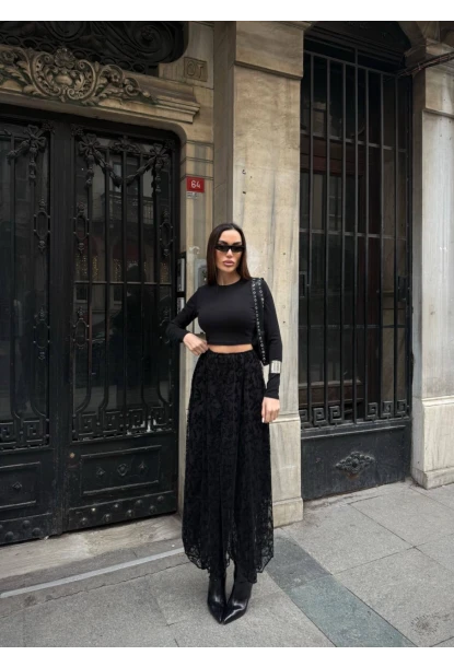 Yüksek Bel Dantel Detaylı Maxi Boy Etek