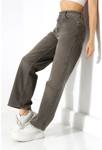 Yüksek Bel Düz Paça Füme Jean Pantolon