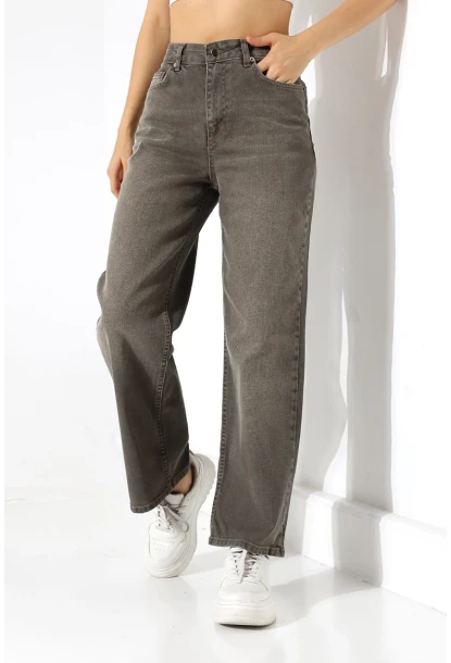 Yüksek Bel Düz Paça Füme Jean Pantolon