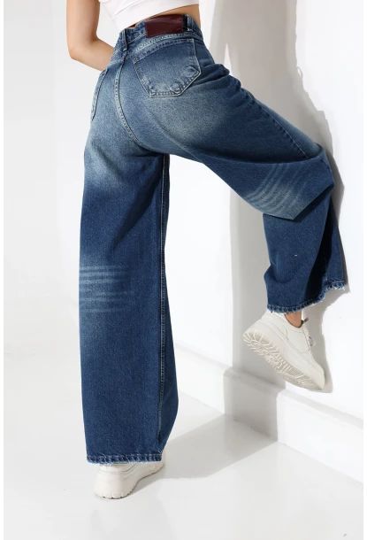 Yüksek Bel Ekstra Geniş Paça Dark Mavi Wide Leg Jean Pantolon