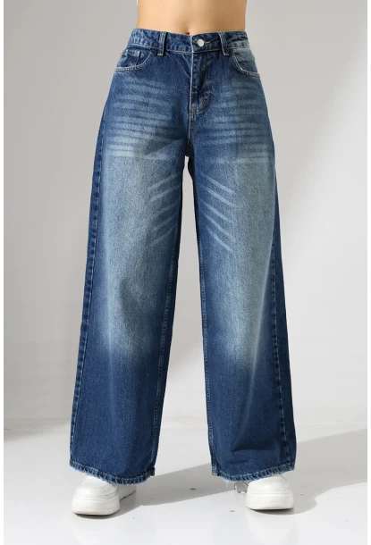 Yüksek Bel Ekstra Geniş Paça Dark Mavi Wide Leg Jean Pantolon