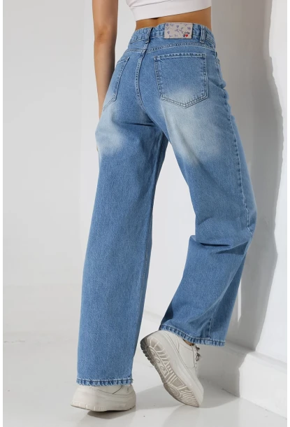 Yüksek Bel Geniş Paça Açık Mavi Jean Pantolon