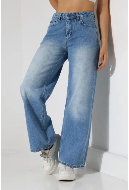 Yüksek Bel Geniş Paça Açık Mavi Jean Pantolon