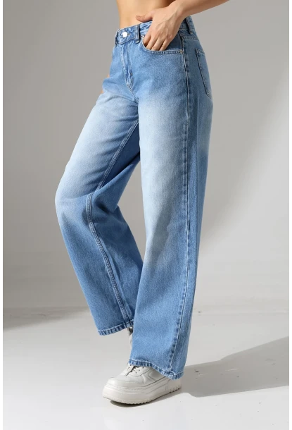 Yüksek Bel Geniş Paça Açık Mavi Jean Pantolon