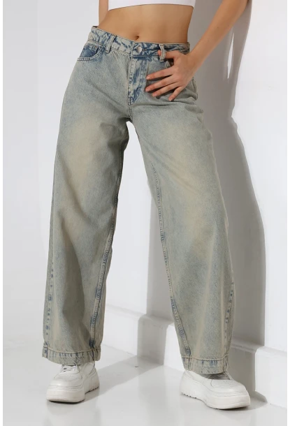 Yüksek Bel Geniş Paça Açık Mavi Yıkamalı Jean Pantolon