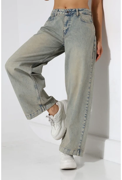 Yüksek Bel Geniş Paça Açık Mavi Yıkamalı Jean Pantolon