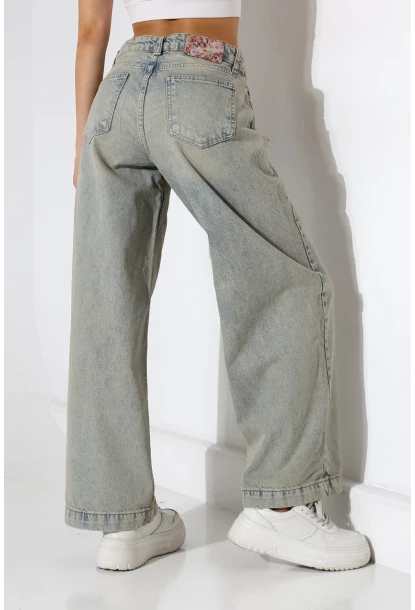 Yüksek Bel Geniş Paça Açık Mavi Yıkamalı Jean Pantolon