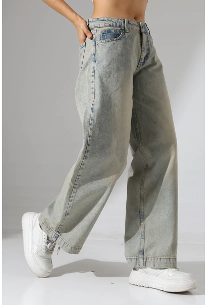 Yüksek Bel Geniş Paça Açık Mavi Yıkamalı Jean Pantolon