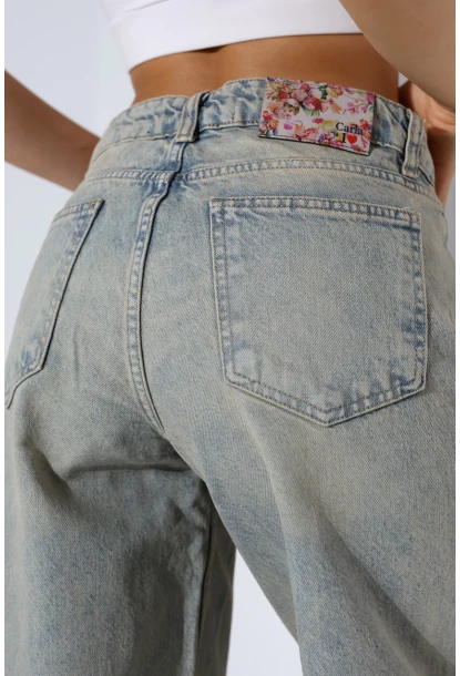 Yüksek Bel Geniş Paça Açık Mavi Yıkamalı Jean Pantolon