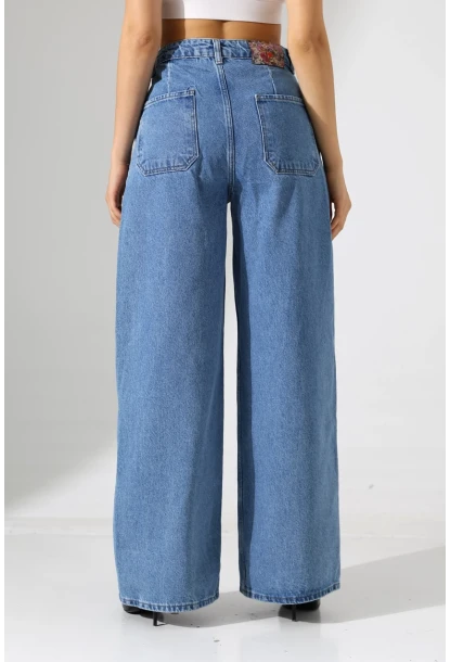 Yüksek Bel Geniş Paça Düz Kesim Mavi Jean Pantolon