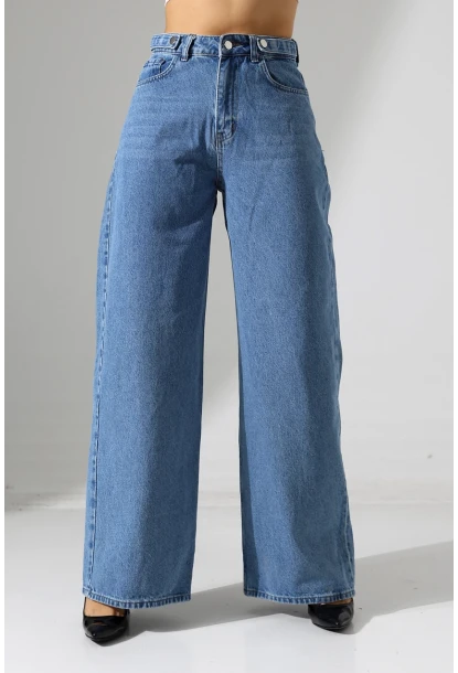 Yüksek Bel Geniş Paça Düz Kesim Mavi Jean Pantolon