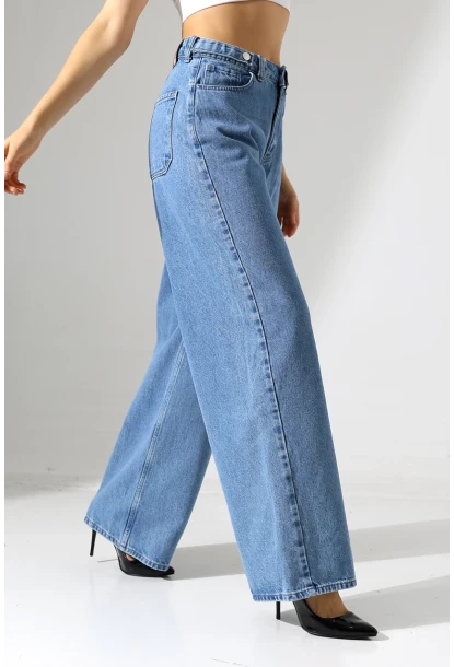 Yüksek Bel Geniş Paça Düz Kesim Mavi Jean Pantolon