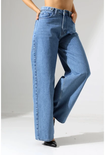 Yüksek Bel Geniş Paça Düz Kesim Mavi Jean Pantolon