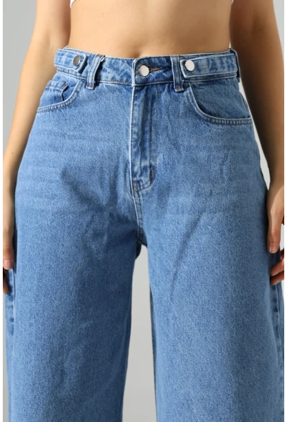Yüksek Bel Geniş Paça Düz Kesim Mavi Jean Pantolon