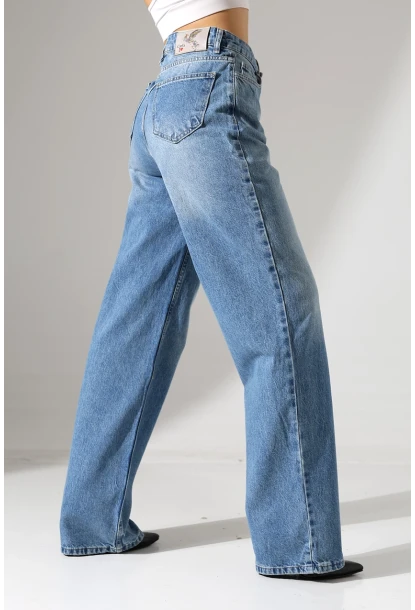 Yüksek Bel Geniş Paça Mavi Jean Pantolon