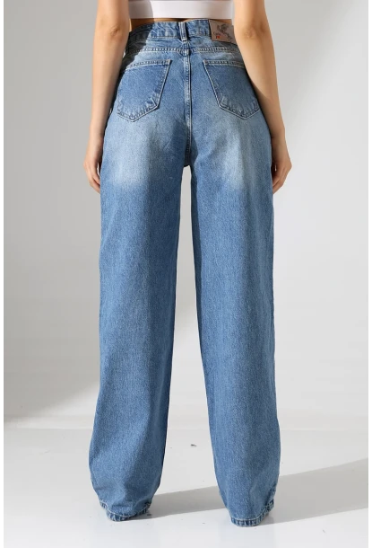 Yüksek Bel Geniş Paça Mavi Jean Pantolon