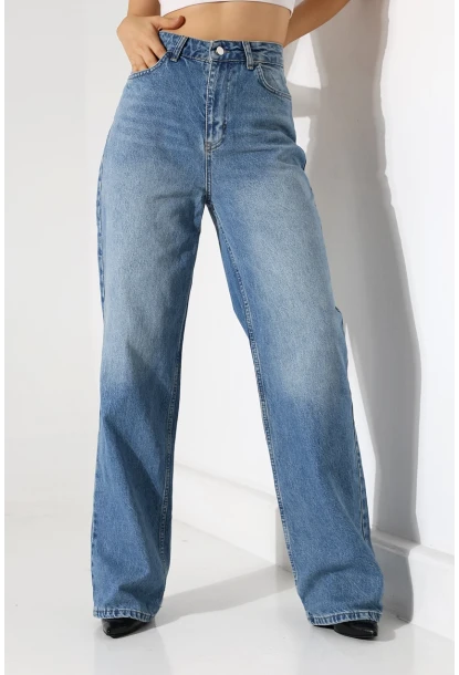 Yüksek Bel Geniş Paça Mavi Jean Pantolon