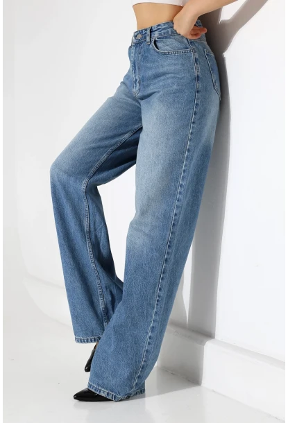 Yüksek Bel Geniş Paça Mavi Jean Pantolon