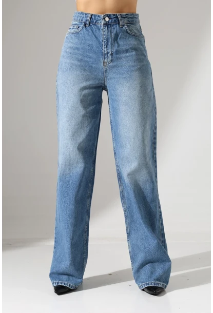 Yüksek Bel Geniş Paça Mavi Jean Pantolon