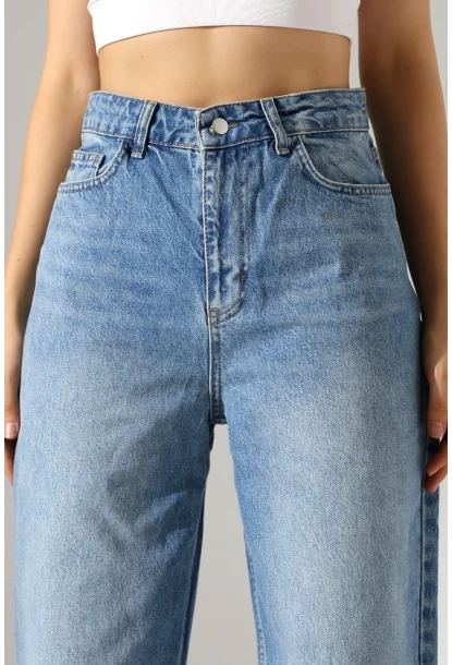 Yüksek Bel Geniş Paça Mavi Jean Pantolon