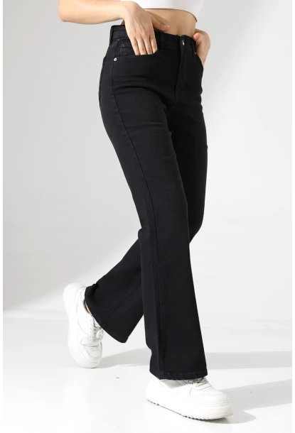 Yüksek Bel İspanyol Paça Siyah Jean Pantolon