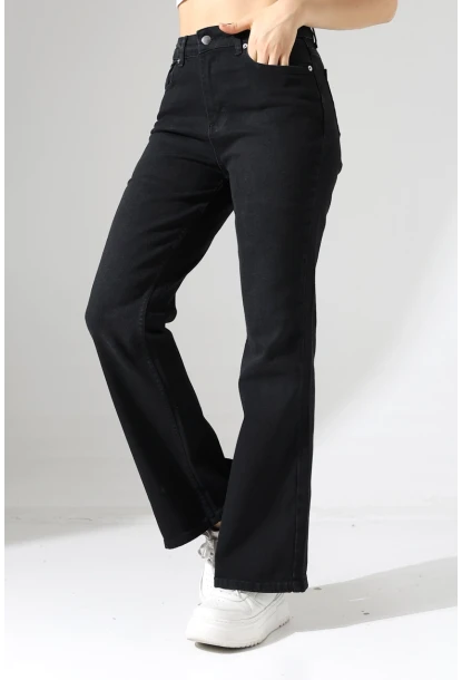 Yüksek Bel İspanyol Paça Siyah Jean Pantolon