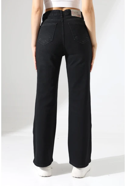 Yüksek Bel İspanyol Paça Siyah Jean Pantolon