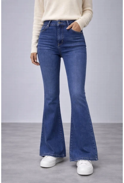 Yüksek Bel Lacivert İspanyol Paça Jean Pantolon