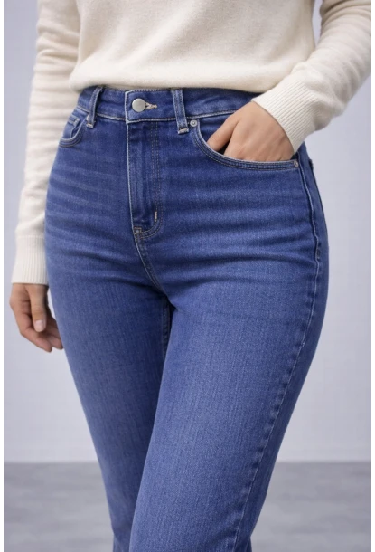 Yüksek Bel Lacivert İspanyol Paça Jean Pantolon