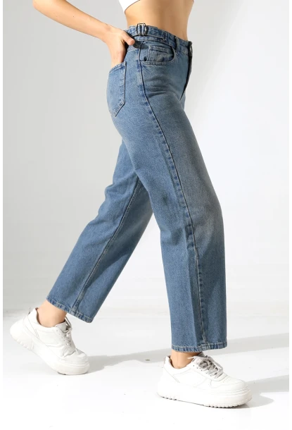 Yüksek Bel Mom Fit Mavi Jean Pantolon