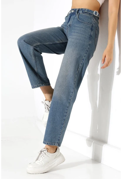 Yüksek Bel Mom Fit Mavi Jean Pantolon