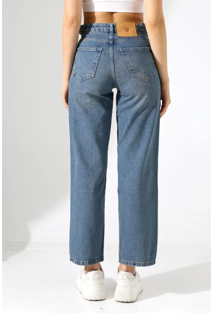 Yüksek Bel Mom Fit Mavi Jean Pantolon