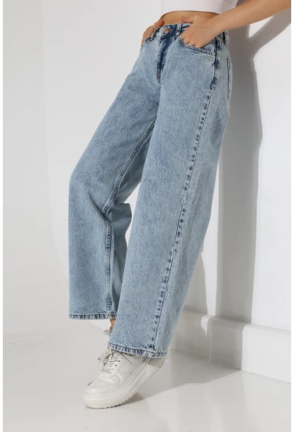 Yüksek Bel Rahat Kesim Düz Paça Jean Buz Mavisi