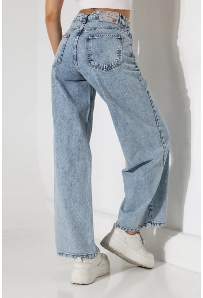 Yüksek Bel Rahat Kesim Düz Paça Jean Buz Mavisi