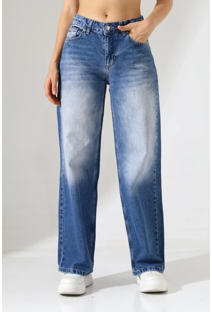 Yüksek Bel Wide Leg Açık Mavi Denim Jean Pantolon