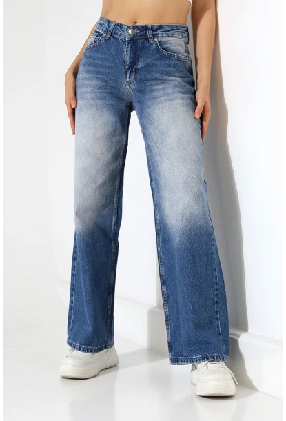 Yüksek Bel Wide Leg Açık Mavi Denim Jean Pantolon